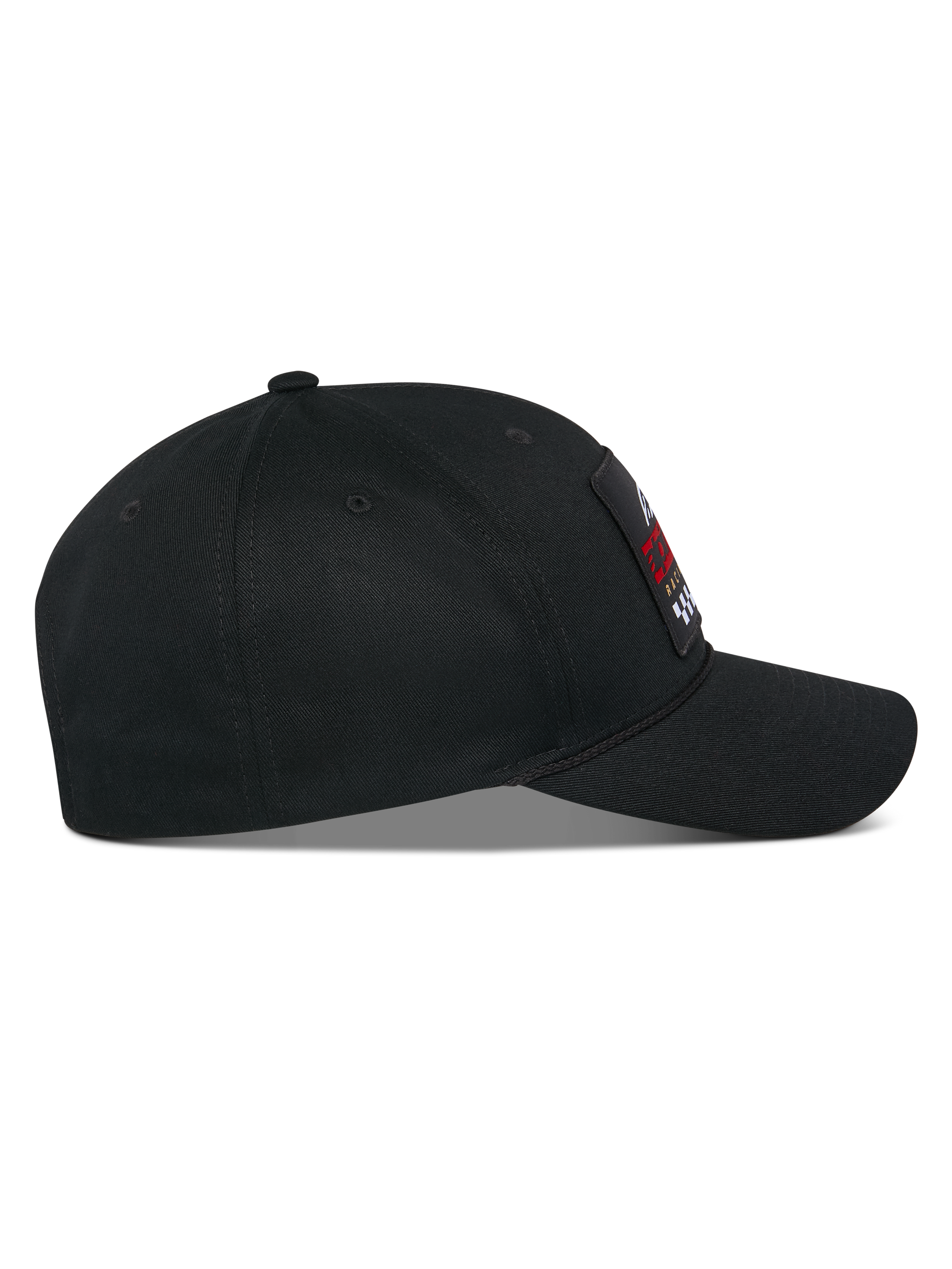 Alpinestars Matrix Snapback Mütze, Seitenprofil, schwarze Kappe aus Baumwolltwill mit gebogenem Schirm und strukturierter Krone, mehrfarbiger bestickter Aufnäher auf der Vorderseite, lässige Motorsport-Streetwear