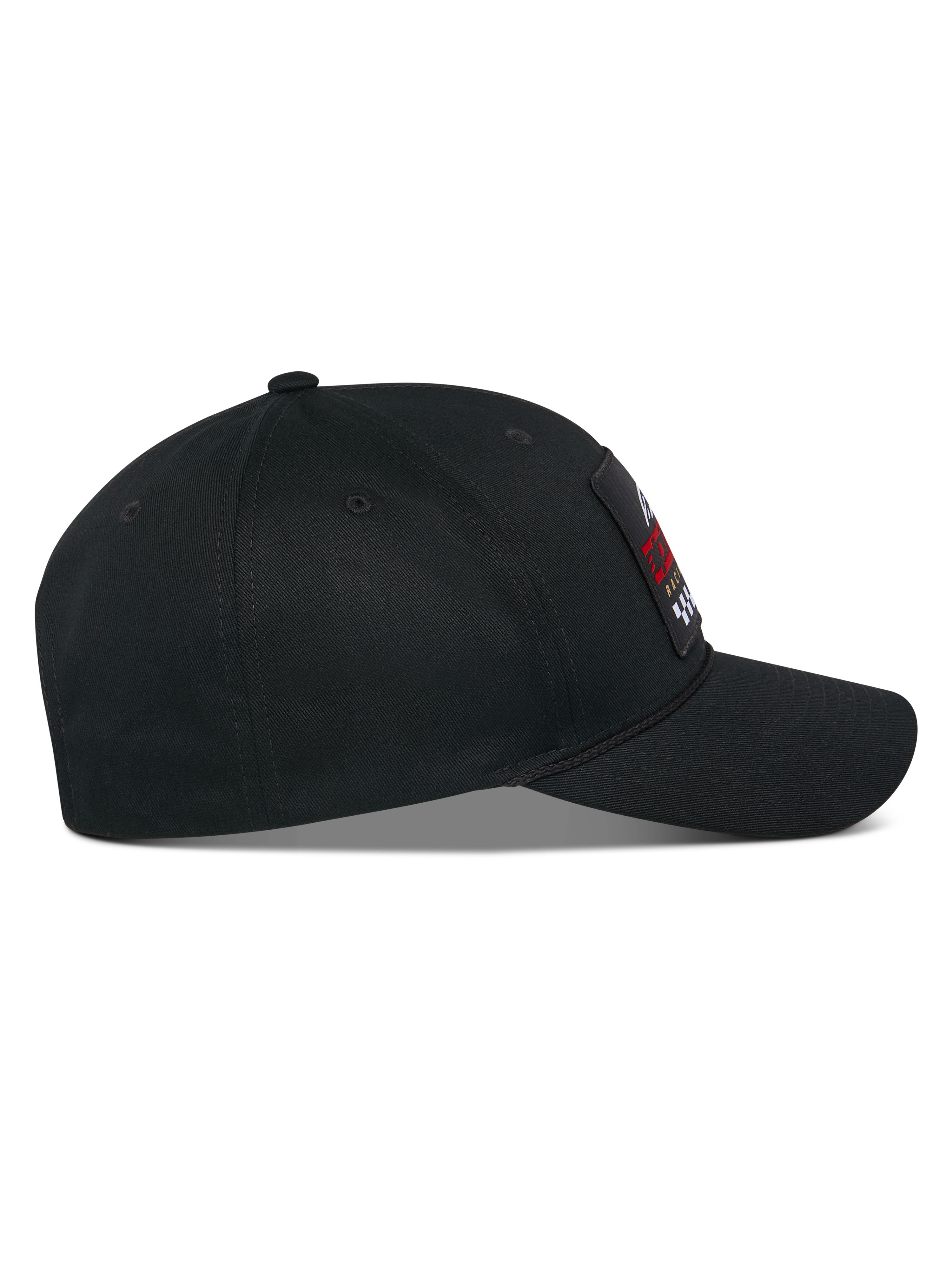 Alpinestars Matrix Snapback Mütze, Seitenprofil, schwarze Kappe aus Baumwolltwill mit gebogenem Schirm und strukturierter Krone, mehrfarbiger bestickter Aufnäher auf der Vorderseite, lässige Motorsport-Streetwear