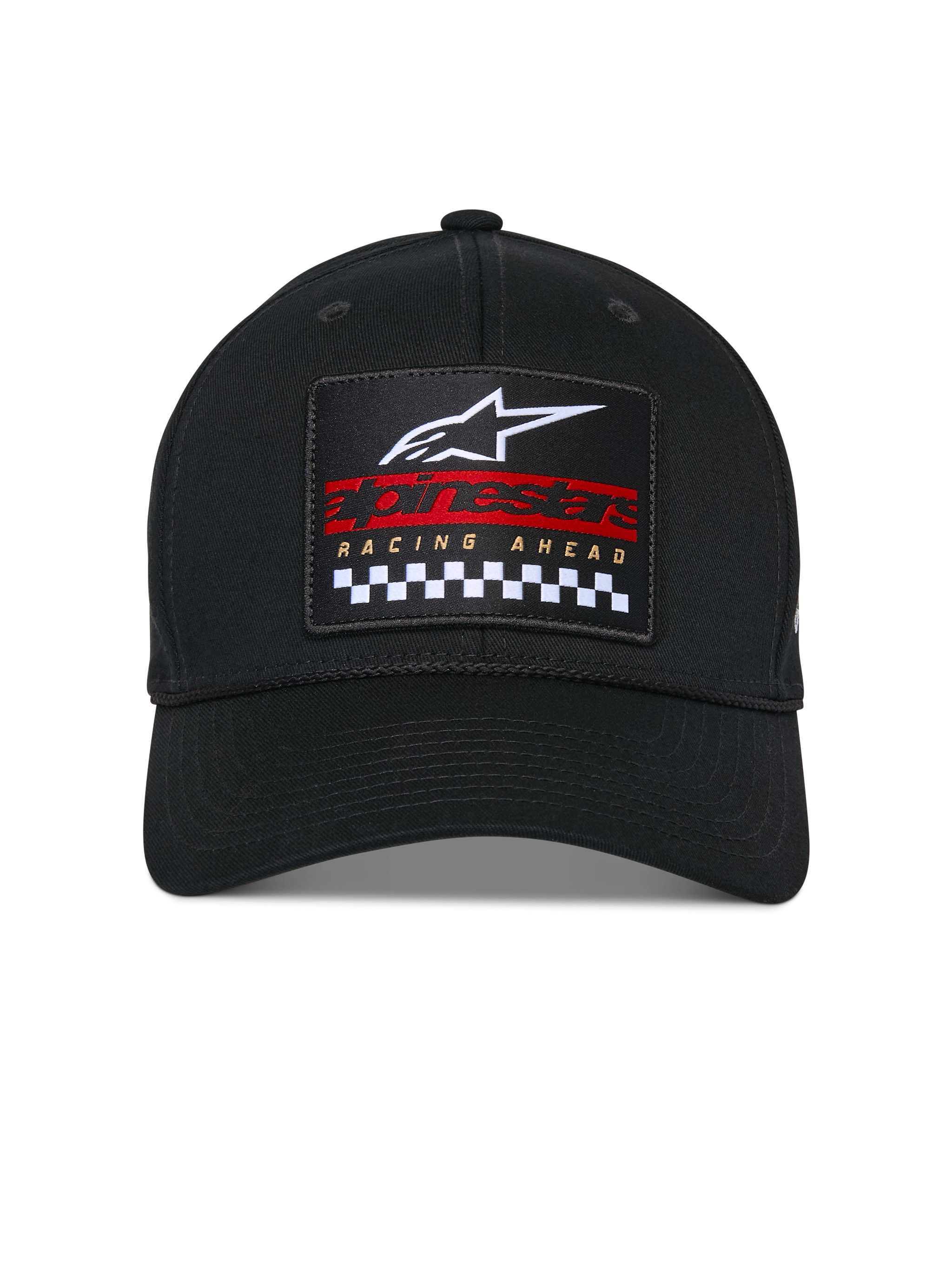 Alpinestars Matrix Snapback Mütze, Schwarz, Strukturierte Krone und gebogener Schirm, Vorderansicht mit mehrfarbigem besticktem Aufnäher mit weißem Astars-Logo, rotem Branding und schwarz-weißem Karomuster, Lässige Motorsport-Kopfbedeckung