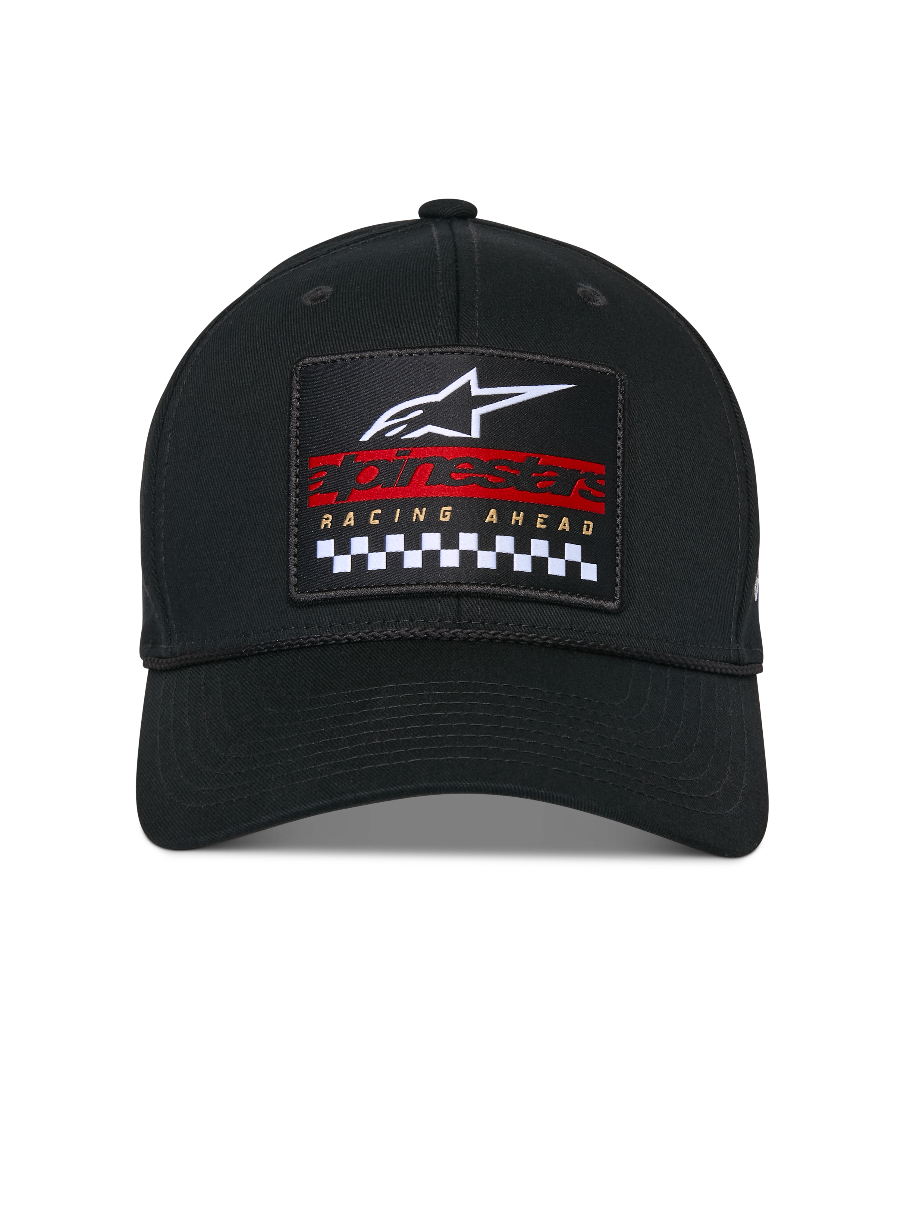 Alpinestars Matrix Snapback Mütze, Schwarz, Strukturierte Krone und gebogener Schirm, Vorderansicht mit mehrfarbigem besticktem Aufnäher mit weißem Astars-Logo, rotem Branding und schwarz-weißem Karomuster, Lässige Motorsport-Kopfbedeckung