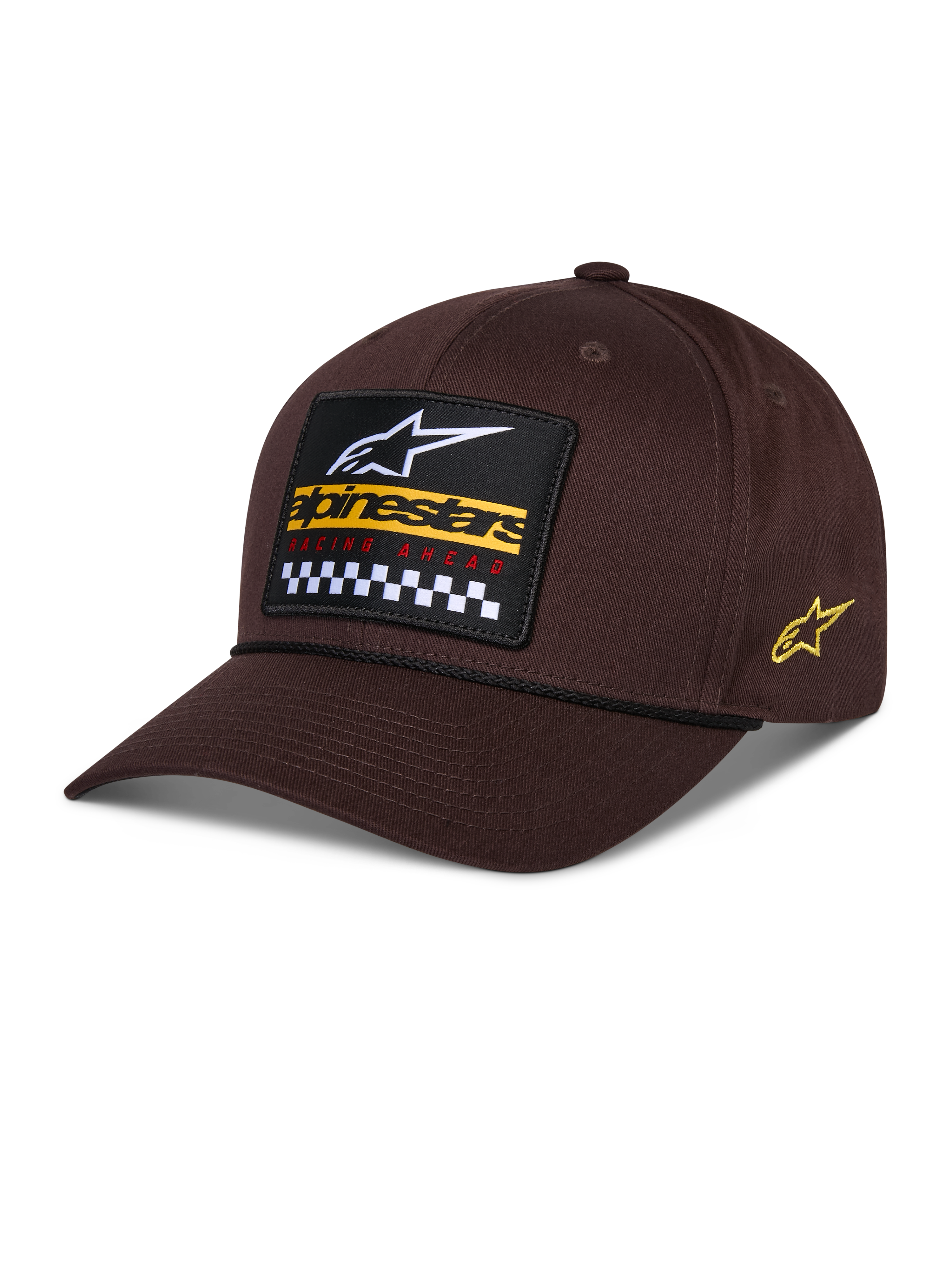 Alpinestars Matrix Snapback Mütze, Braun, mit einem gestickten Aufnäher auf der Vorderseite mit weißem Logo, gelbem Branding und Schachbrettmuster, seitlichem Astars-Logo, gebogenem Schirm, lässige Sportbekleidung