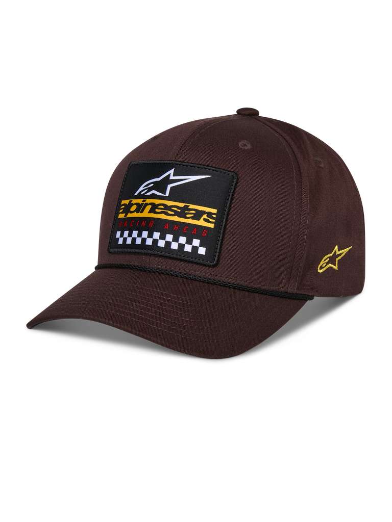Alpinestars Matrix Snapback Hat, Brown, featuring a front embroidered patch with white logo, yellow branding, and checkered pattern, side Astars logo, curved bill, casual sportswear