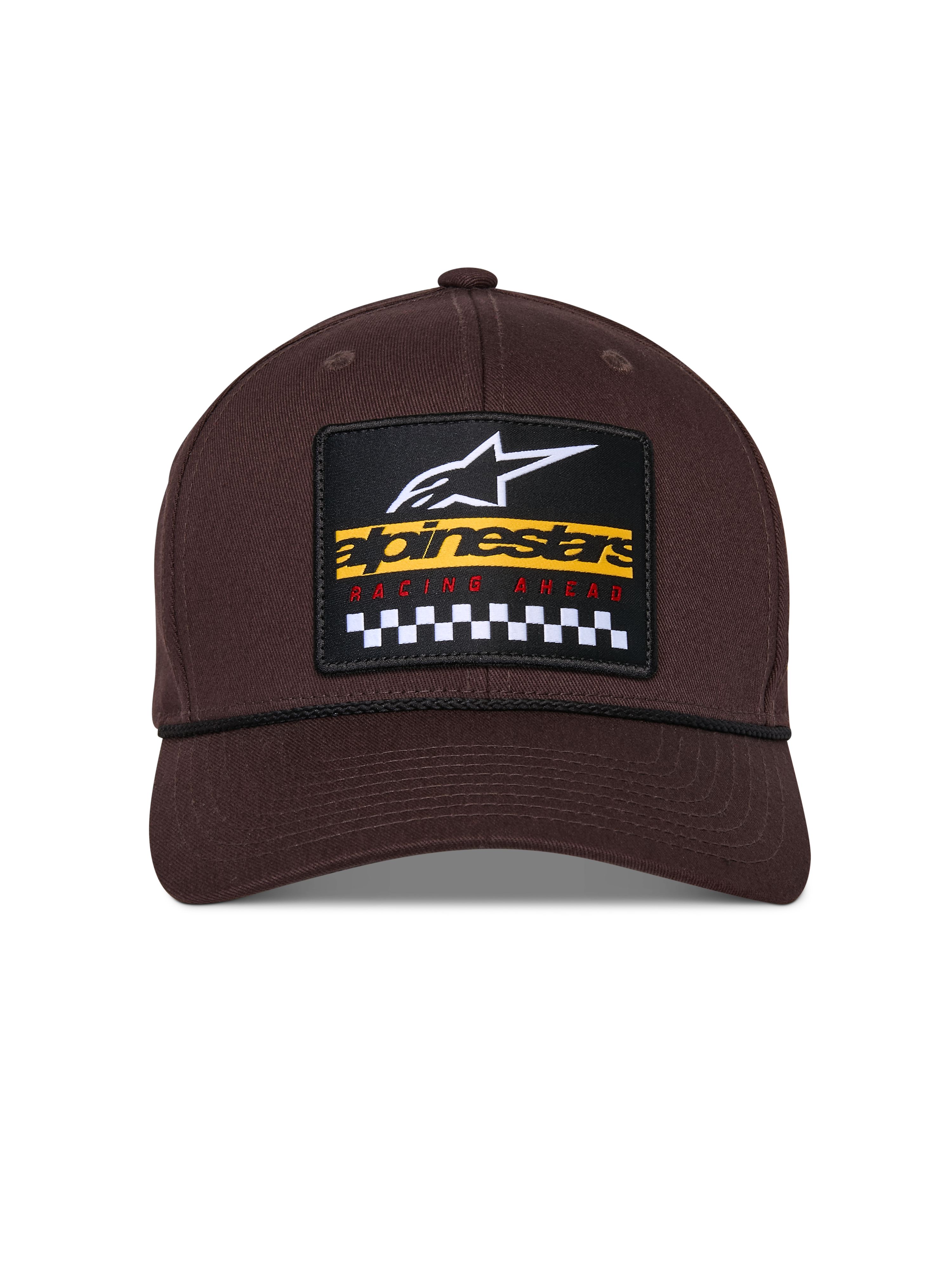 Alpinestars Matrix Snapback Mütze, Braun, Vorderansicht mit strukturierter Krone und gebogenem Schirm, mehrfarbiger Stickerei-Patch mit Alpinestars-Branding und Rennsport-Karomuster, schwarzes Kordel-Detail, lässige, vom Motorsport inspirierte Kopfbedeckung
