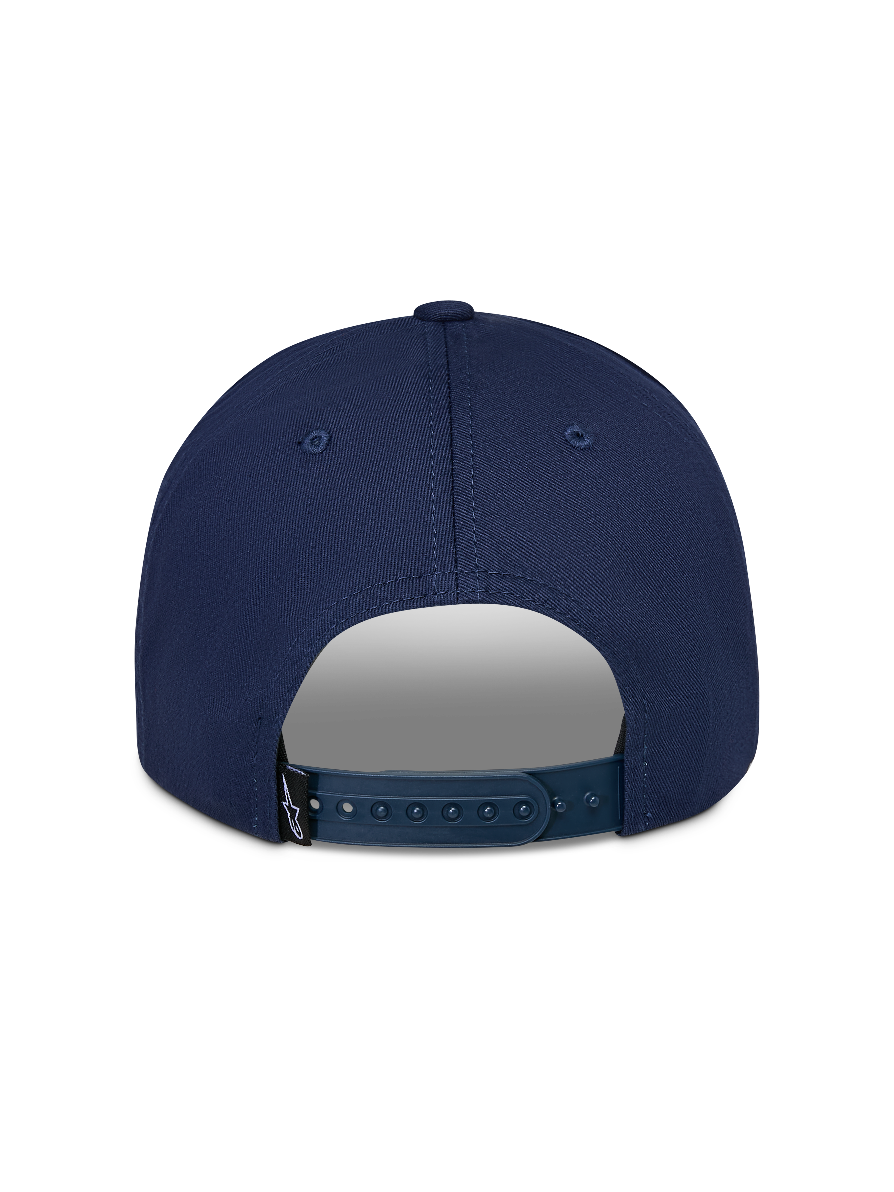 Alpinestars Trifecta Snapback Kappe, Navy, Rückansicht mit verstellbarem Snapback-Verschluss, kleines schwarzes Logo-Etikett, strapazierfähiger Baumwolltwill, lässige Motorsport-Streetwear