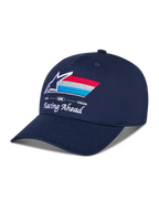 Alpinestars Trifecta Snapback Kappe, Dunkelblau, gebogener Schirm mit strukturierter Krone, vorne besticktes Astars-Logo mit roten, weißen und hellblauen Streifen, weißer Text „Racing Ahead“ und „Goal One Vision“, lässige Motorsport-Kopfbedeckung