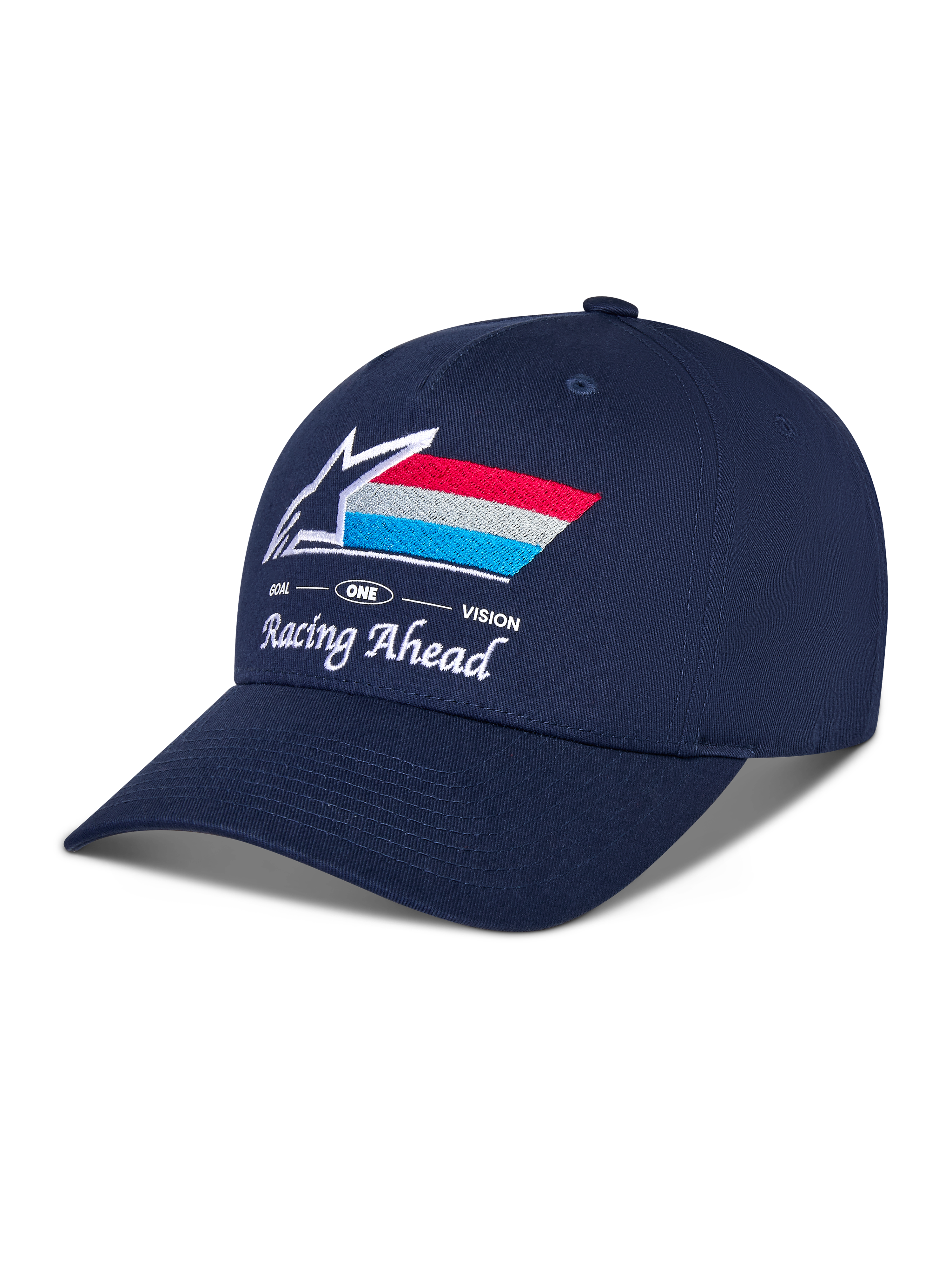 Alpinestars Trifecta Snapback Kappe, Dunkelblau, gebogener Schirm mit strukturierter Krone, vorne besticktes Astars-Logo mit roten, weißen und hellblauen Streifen, weißer Text „Racing Ahead“ und „Goal One Vision“, lässige Motorsport-Kopfbedeckung