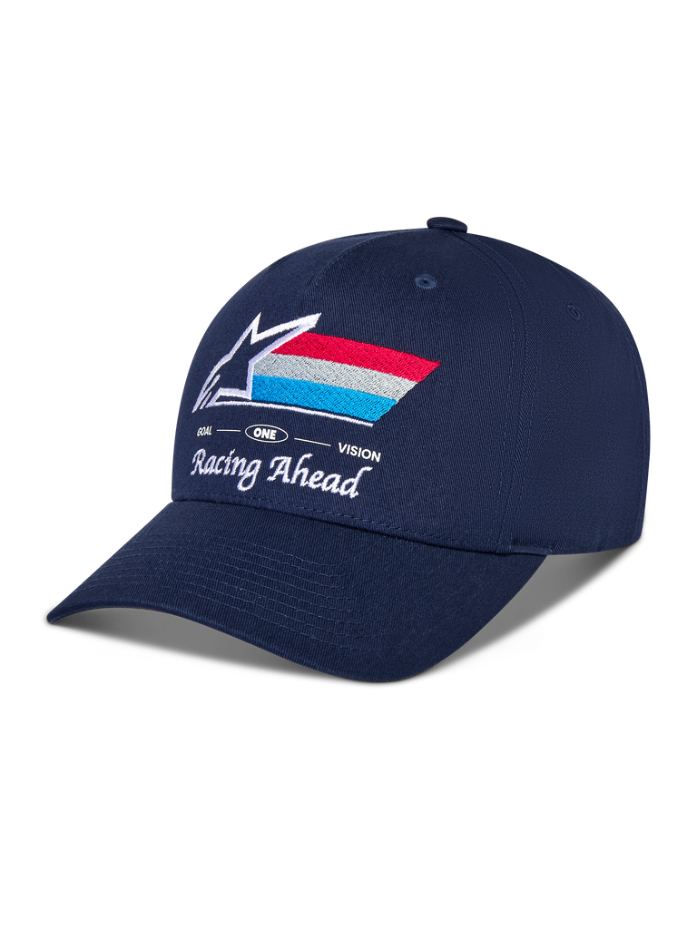 Alpinestars Trifecta Snapback Hat, Navy Blue, curved bill with structured crown, front embroidered Astars logo with red, white, and light blue stripes, 'Racing Ahead' and 'Goal One Vision' white text, casual motorsport headwear