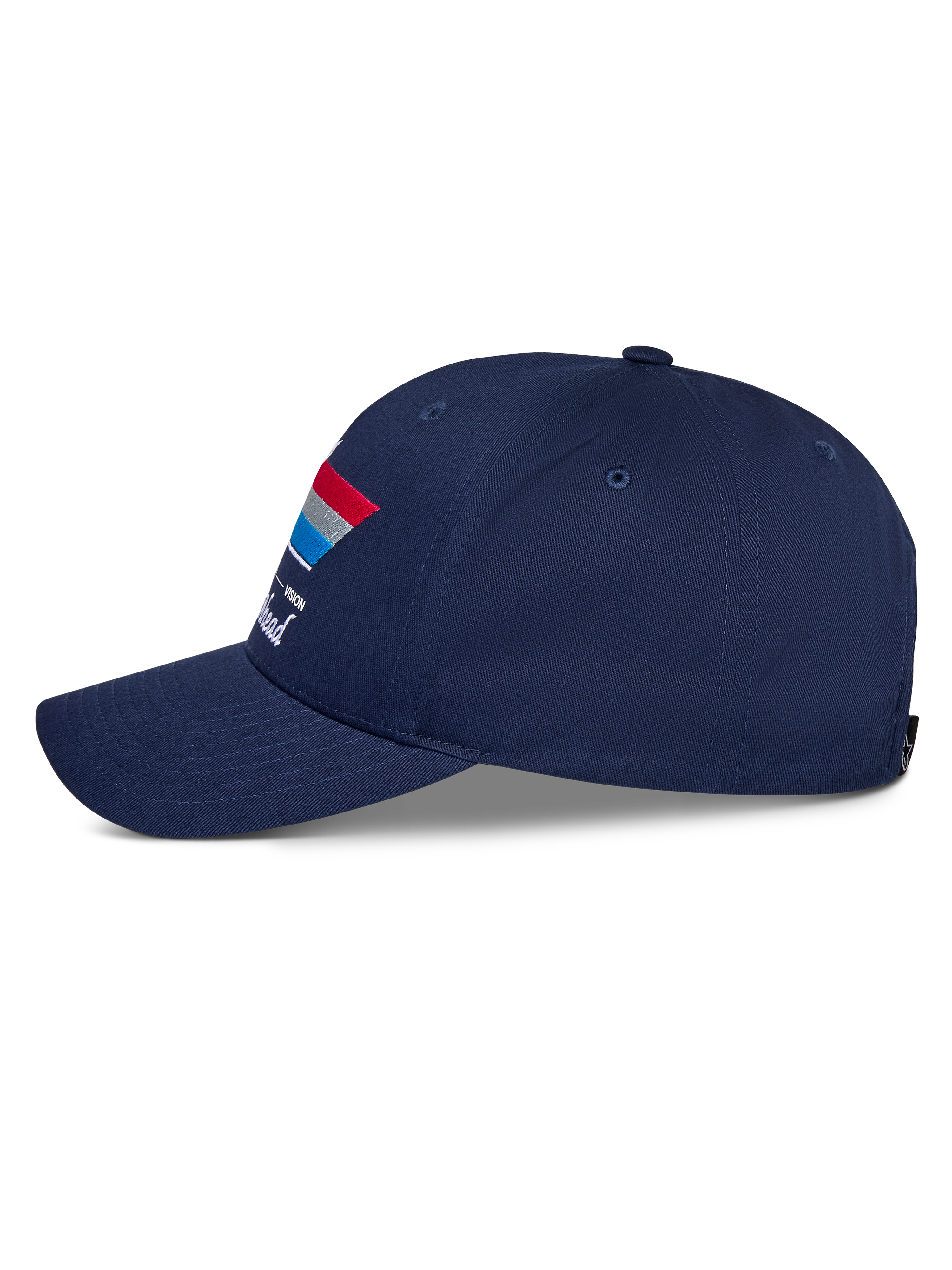 Alpinestars Trifecta Snapback Kappe, Navyblau, Seitenansicht, mit gebogenem Schirm und dreifarbiger Streifengrafik mit weißem Text, lässige Motorsport-Kopfbedeckung