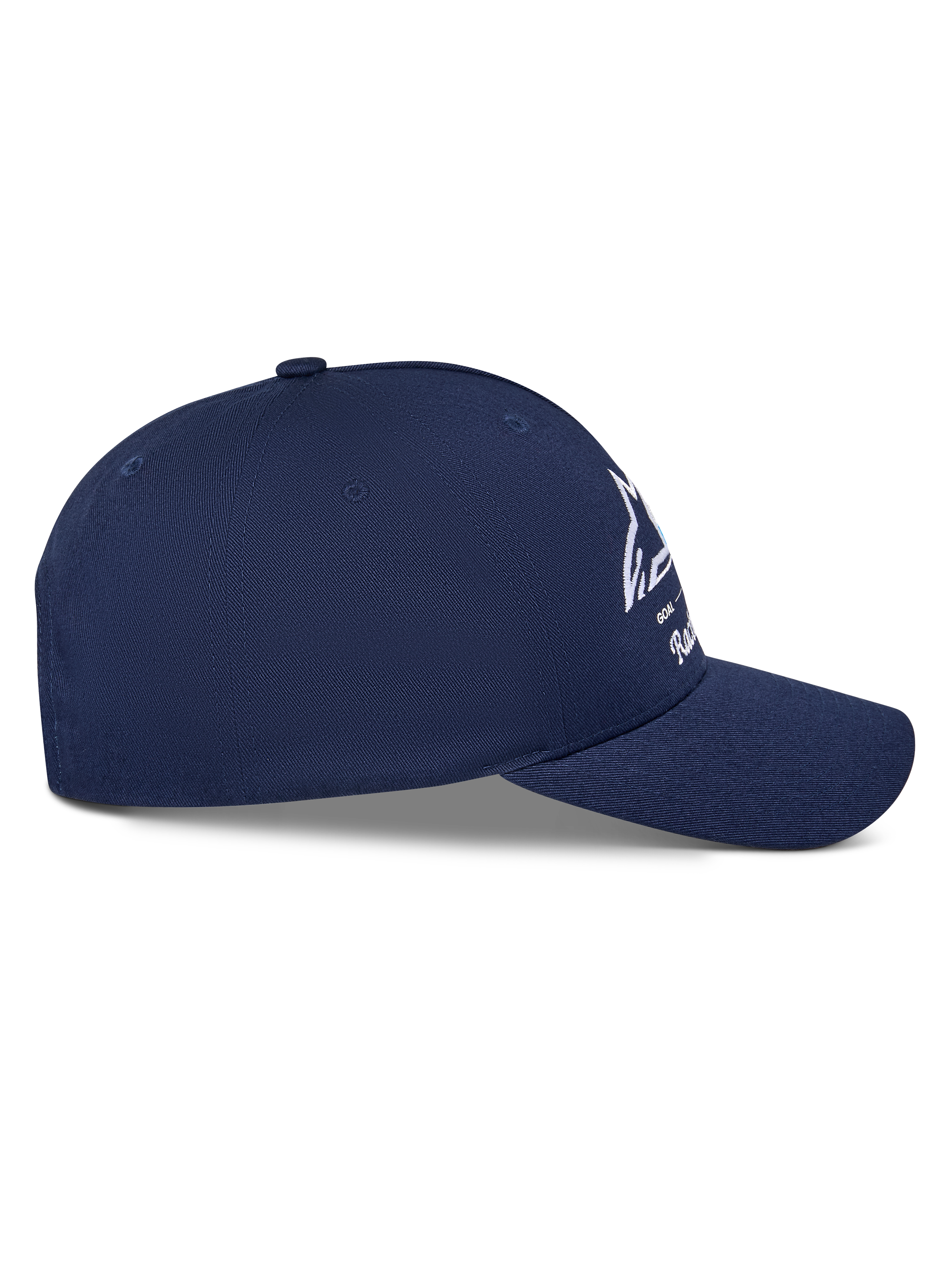 Alpinestars Trifecta Snapback Kappe, Dunkelblau, Seitenansicht mit gebogenem Schirm und strukturierter Krone, weißes Astars-Logo mit dreifarbigen Streifen, Baumwoll-Twill, lässige Motorsport-Streetwear