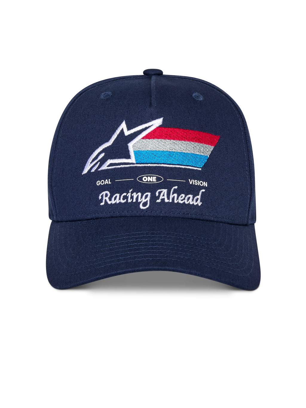 Alpinestars Trifecta Snapback Kappe, navyblaue Mütze mit gebogenem Schirm, gesticktes Frontlogo mit weißem Stern und dreifarbigen Streifen, weißer „Racing Ahead“ und „Goal One Vision“ Schriftzug, strukturierte Krone, lässige vom Motorsport inspirierte Kopfbedeckung