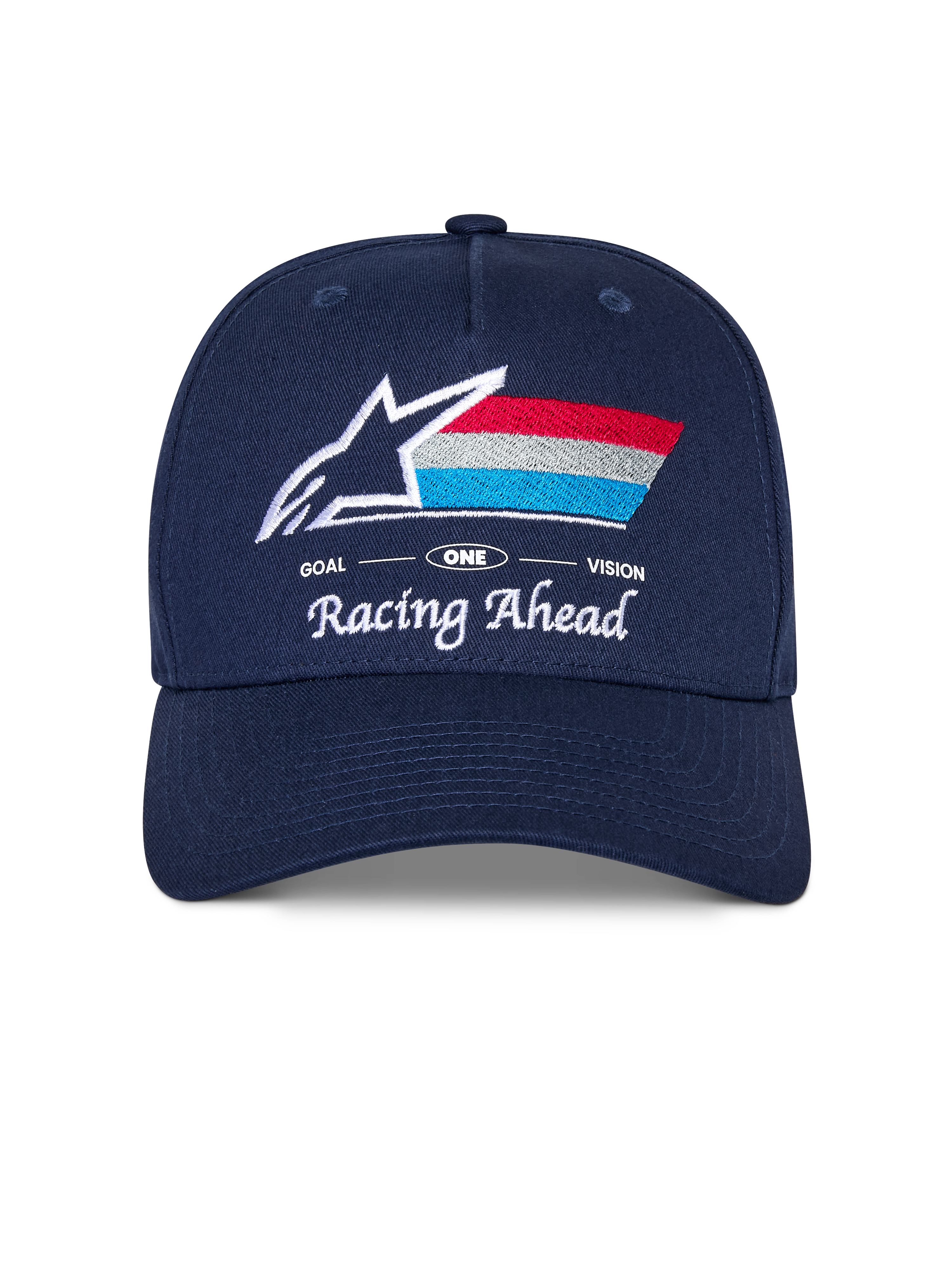 Alpinestars Trifecta Snapback Kappe, navyblaue Mütze mit gebogenem Schirm, gesticktes Frontlogo mit weißem Stern und dreifarbigen Streifen, weißer „Racing Ahead“ und „Goal One Vision“ Schriftzug, strukturierte Krone, lässige vom Motorsport inspirierte Kopfbedeckung