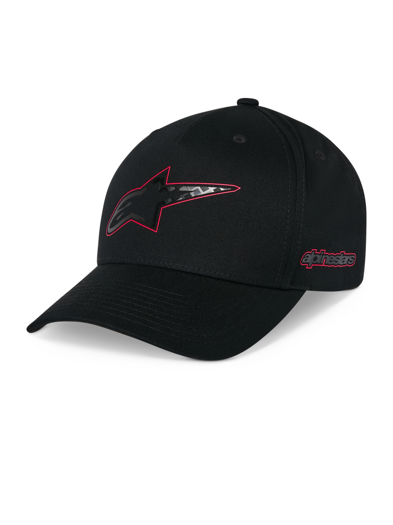 Alpinestars Carbon Fiber Snapback Hat, Black, curved bill with structured crown, front Astars logo with red outline and carbon fiber look, side Alpinestars wordmark in red, casual motorsport headwear