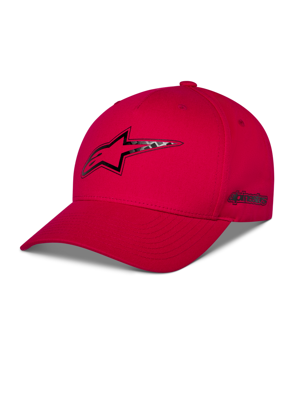 Alpinestars Carbon Fiber Snapback Kappe, Rot, Astars-Logo auf der Vorderseite und seitliches Wortlogo im Carbonfaser-Look Heat-Transfer-Druck, gebogener Schirm und strukturierte Krone, lässige Motorsport-Streetwear