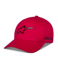 Alpinestars Carbon Fiber Snapback Kappe, Rot, Astars-Logo auf der Vorderseite und seitliches Wortlogo im Carbonfaser-Look Heat-Transfer-Druck, gebogener Schirm und strukturierte Krone, lässige Motorsport-Streetwear
