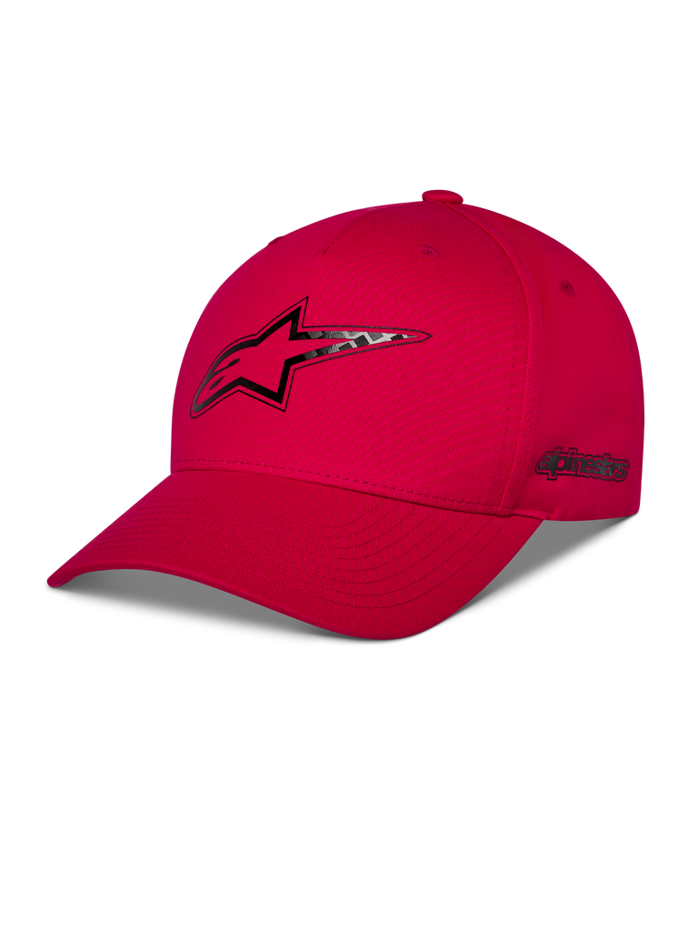 Alpinestars Carbon Fiber Snapback Kappe, Rot, Astars-Logo auf der Vorderseite und seitliches Wortlogo im Carbonfaser-Look Heat-Transfer-Druck, gebogener Schirm und strukturierte Krone, lässige Motorsport-Streetwear