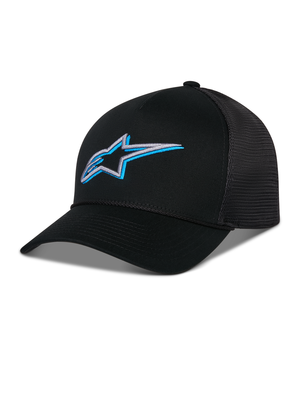 Alpinestars Ageless Shadow Trucker Mütze, Schwarz mit blauem und silbernem 3D-besticktem Stern-Logo, gebogener Schirm und atmungsaktive Mesh-Einsätze hinten, lässige vom Motorsport inspirierte Kopfbedeckung