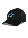 Alpinestars Ageless Shadow Trucker Mütze, Schwarz mit blauem und silbernem 3D-besticktem Stern-Logo, gebogener Schirm und atmungsaktive Mesh-Einsätze hinten, lässige vom Motorsport inspirierte Kopfbedeckung