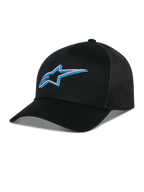 Alpinestars Ageless Shadow Trucker Mütze, Schwarz mit blauem und silbernem 3D-besticktem Stern-Logo, gebogener Schirm und atmungsaktive Mesh-Einsätze hinten, lässige vom Motorsport inspirierte Kopfbedeckung