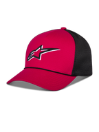 Alpinestars Ageless Shadow Trucker Mütze, Rot und Schwarz, mit roter strukturierter Krone, gebogenem Schirm und schwarzen Mesh-Einsätzen hinten, weiß und schwarz gesticktes Astars-Logo auf der Vorderseite, lässige, vom Motorsport inspirierte Kopfbedeckung