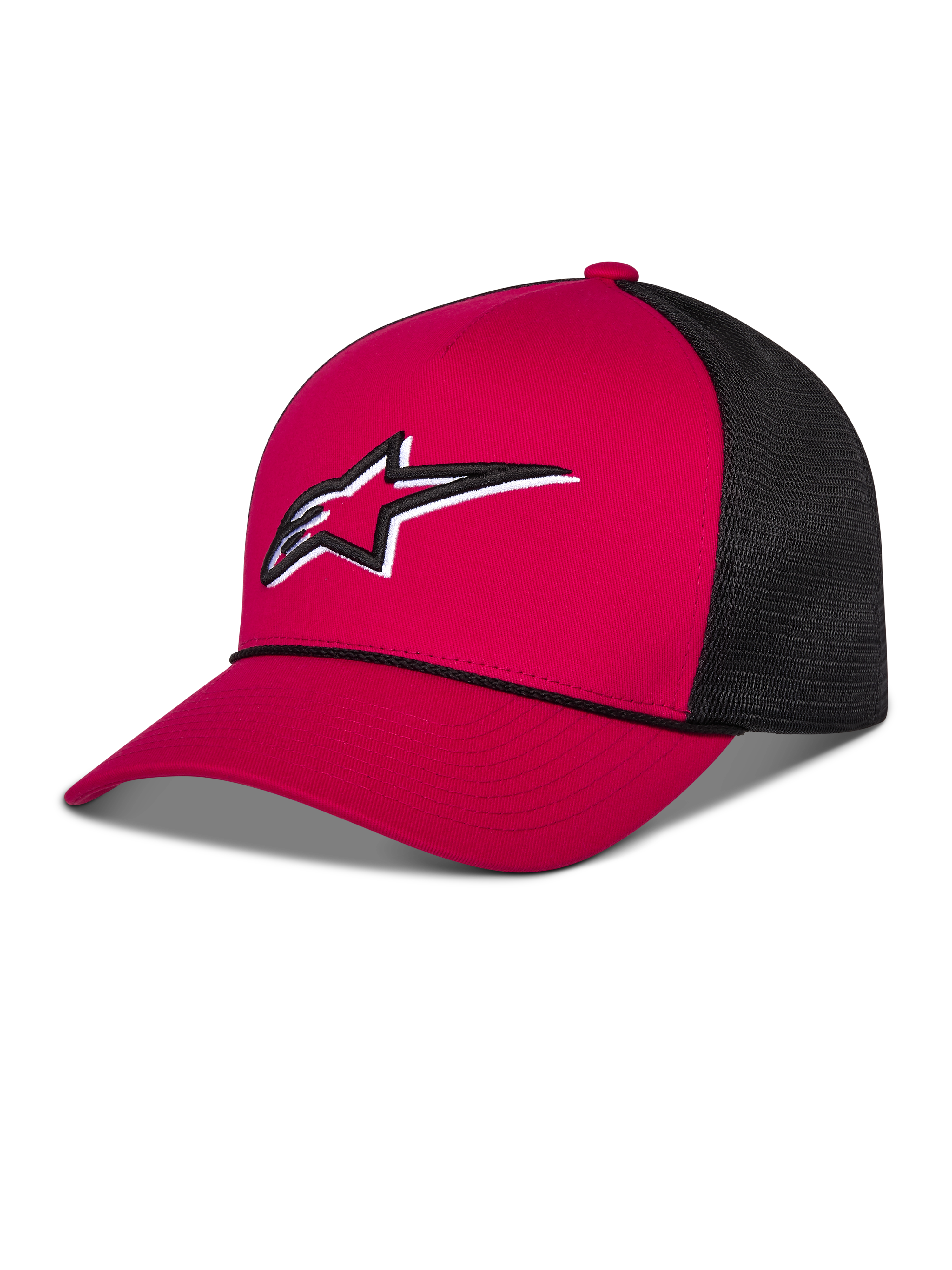 Alpinestars Ageless Shadow Trucker Mütze, Rot und Schwarz, mit roter strukturierter Krone, gebogenem Schirm und schwarzen Mesh-Einsätzen hinten, weiß und schwarz gesticktes Astars-Logo auf der Vorderseite, lässige, vom Motorsport inspirierte Kopfbedeckung