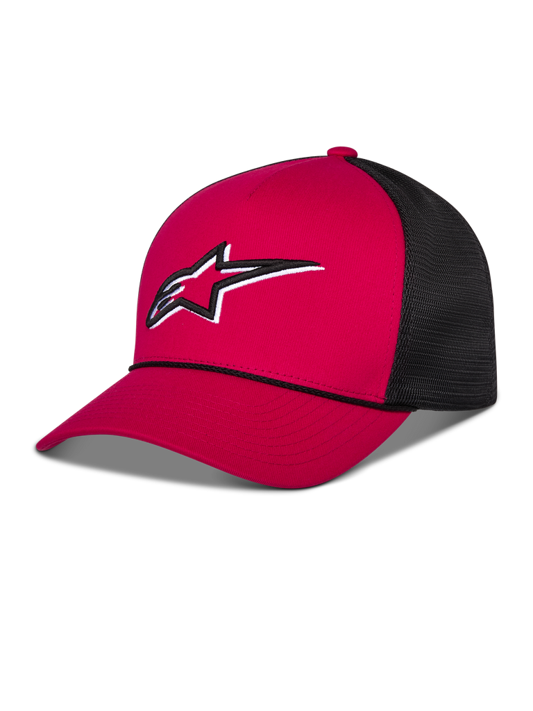 Alpinestars Ageless Shadow Trucker Hat, Red and Black, featuring a red structured crown and curved bill with black mesh back panels, white and black embroidered Astars logo on the front, casual motorsport-inspired headwear