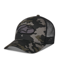 Alpinestars Oblique Camo Trucker Cap, schwarzes Camouflage-Muster mit schwarzer Mesh-Rückseite, ovaler Astars-Logo-Stickpatch vorne, gebogener Schirm und strukturierte Krone, lässige, vom Motorsport inspirierte Kopfbedeckung