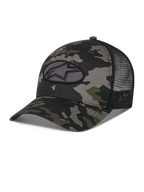Alpinestars Oblique Camo Trucker Cap, schwarzes Camouflage-Muster mit schwarzer Mesh-Rückseite, ovaler Astars-Logo-Stickpatch vorne, gebogener Schirm und strukturierte Krone, lässige, vom Motorsport inspirierte Kopfbedeckung