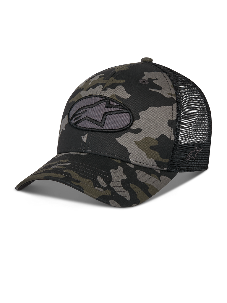 Alpinestars Oblique Camo Trucker Cap, schwarzes Camouflage-Muster mit schwarzer Mesh-Rückseite, ovaler Astars-Logo-Stickpatch vorne, gebogener Schirm und strukturierte Krone, lässige, vom Motorsport inspirierte Kopfbedeckung
