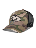 Alpinestars Oblique Camo Trucker Hat, Grünes Camouflage und Schwarz, Camouflage-Vorderseite aus Twill mit schwarzer Mesh-Rückseite, ovaler Alpinestars Logo-Patch vorne, gebogener Schirm, lässige Motorsport-Kopfbedeckung