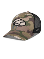 Alpinestars Oblique Camo Trucker Hat, Grünes Camouflage und Schwarz, Camouflage-Vorderseite aus Twill mit schwarzer Mesh-Rückseite, ovaler Alpinestars Logo-Patch vorne, gebogener Schirm, lässige Motorsport-Kopfbedeckung