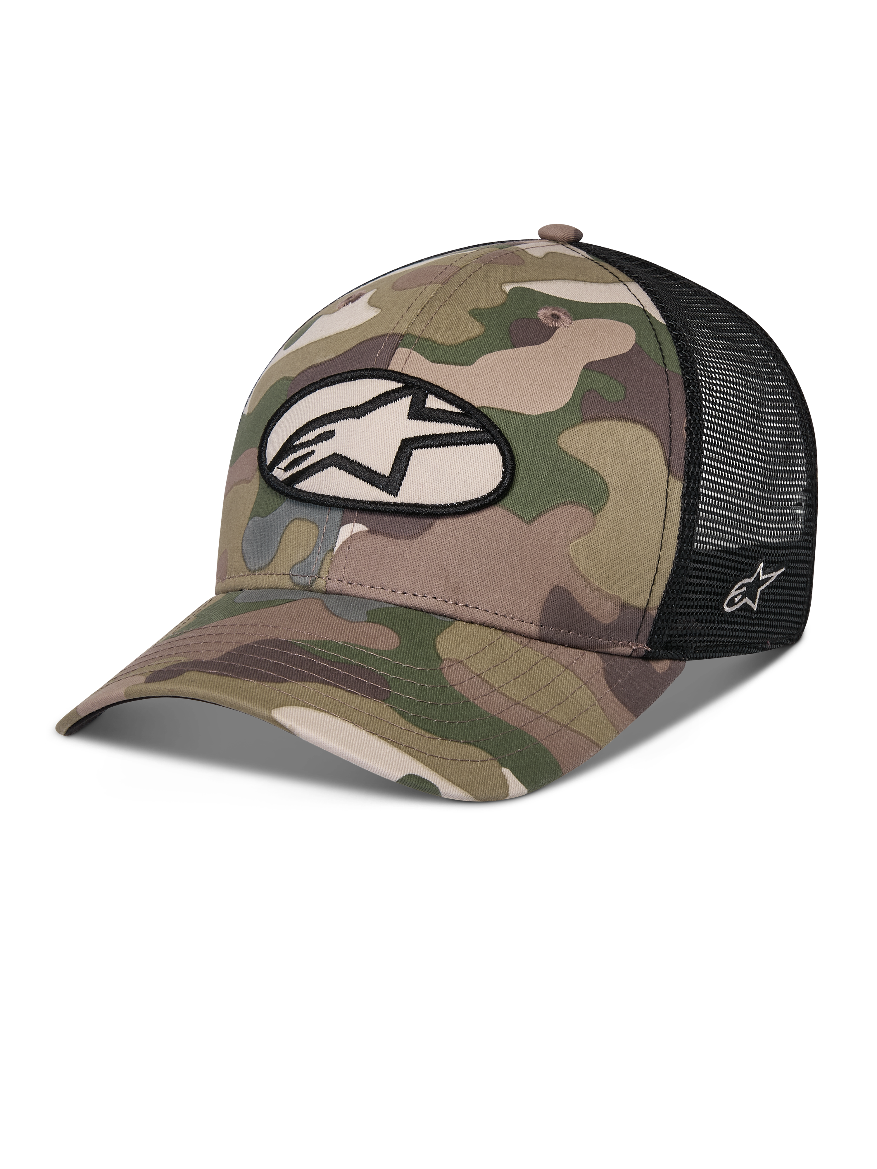 Alpinestars Oblique Camo Trucker Hat, Grünes Camouflage und Schwarz, Camouflage-Vorderseite aus Twill mit schwarzer Mesh-Rückseite, ovaler Alpinestars Logo-Patch vorne, gebogener Schirm, lässige Motorsport-Kopfbedeckung