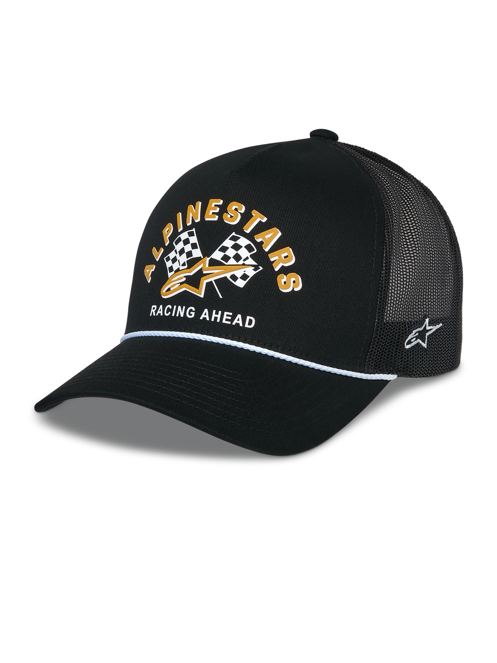Alpinestars Finisher Trucker-Mütze, schwarze Trucker-Cap mit atmungsaktivem Mesh-Rücken, gebogener Schirm mit weißem Kordel-Akzent, Frontgrafik mit gelbem Alpinestars-Schriftzug und Schachbrettflaggen, seitlich gesticktes Stern-Logo, lässige, vom Motorsport inspirierte Kopfbedeckung