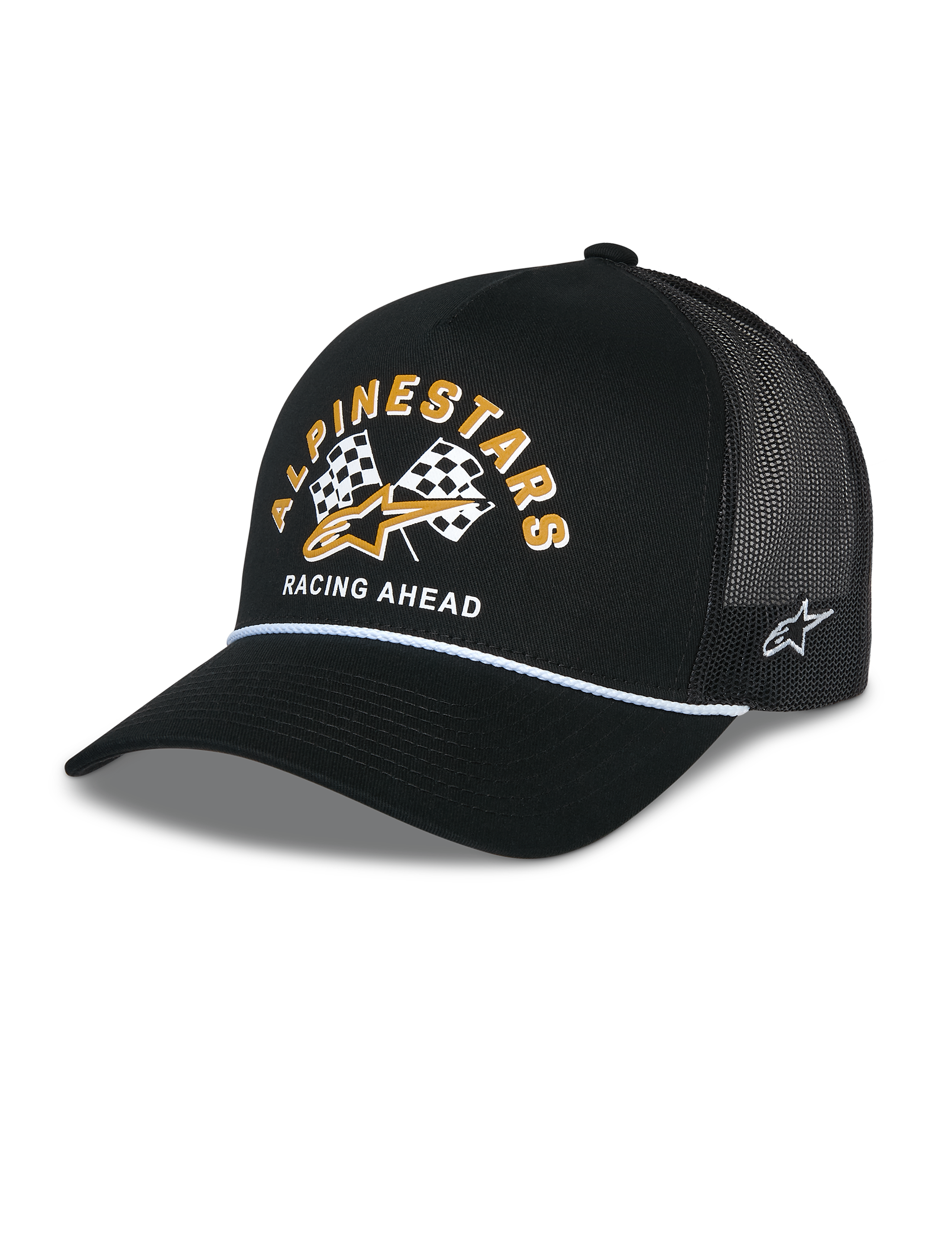 Alpinestars Finisher Trucker-Mütze, schwarze Trucker-Cap mit atmungsaktivem Mesh-Rücken, gebogener Schirm mit weißem Kordel-Akzent, Frontgrafik mit gelbem Alpinestars-Schriftzug und Schachbrettflaggen, seitlich gesticktes Stern-Logo, lässige, vom Motorsport inspirierte Kopfbedeckung