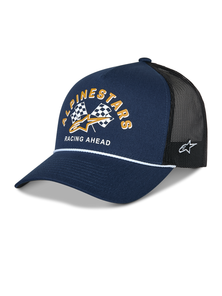 Alpinestars Finisher Trucker Hat, Navy Blue and Black, curved bill with white rope detail, front Alpinestars checker flags graphic with gold logo and "Racing Ahead" text, side Astars logo embroidery, casual motorsport headwear.