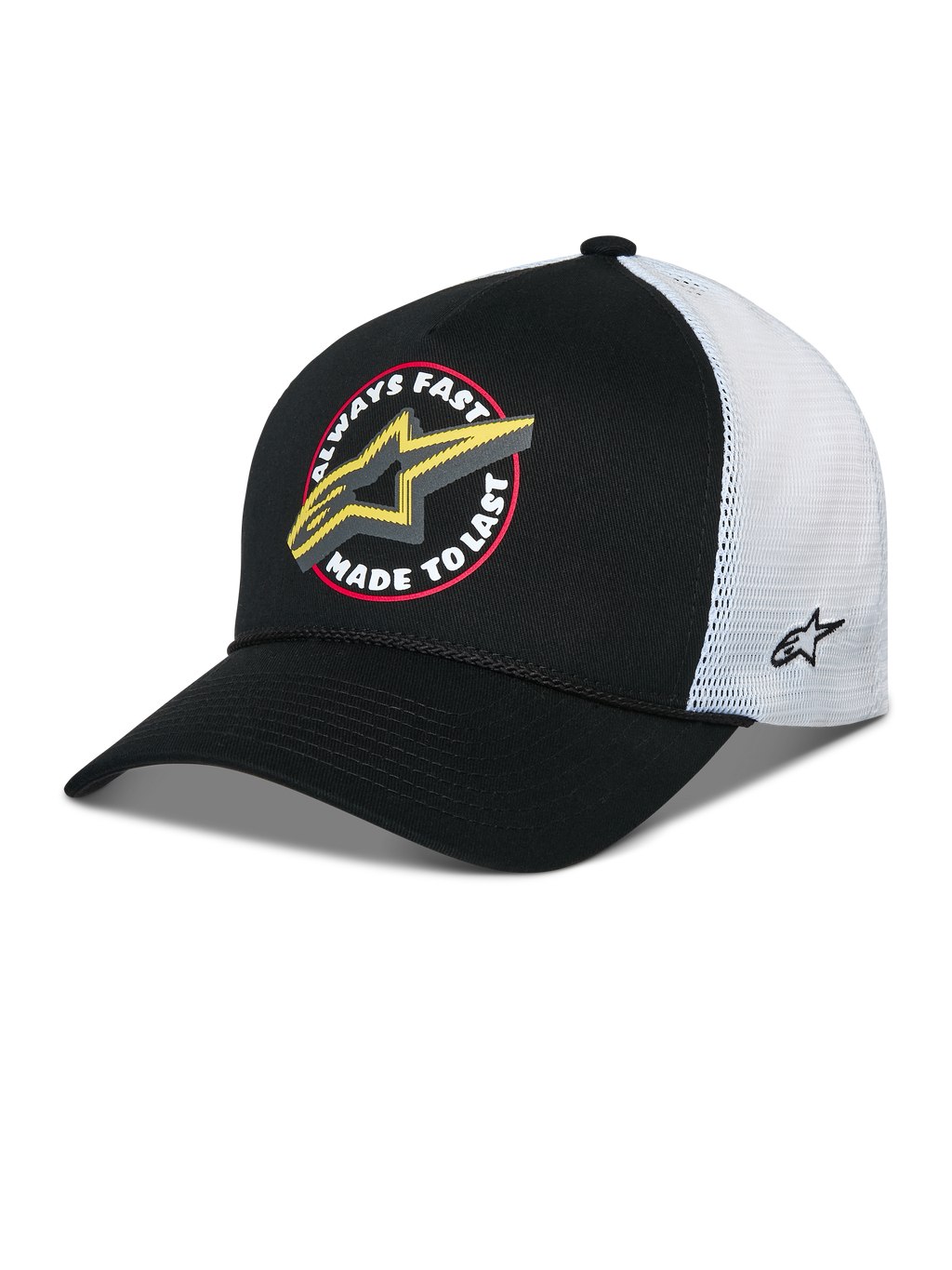 Alpinestars Aorbit Trucker Cap, Schwarz-Weiße Snapback-Mütze, Vorderseite mit „Always Fast Made to Last“-Grafik und gelbem Astars-Logo, weiße Mesh-Rückseite mit seitlicher Stickerei, gebogener Schirm