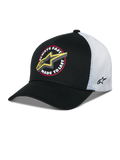 Alpinestars Aorbit Trucker Cap, Schwarz-Weiße Snapback-Mütze, Vorderseite mit „Always Fast Made to Last“-Grafik und gelbem Astars-Logo, weiße Mesh-Rückseite mit seitlicher Stickerei, gebogener Schirm