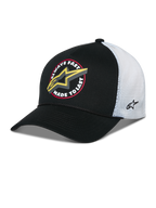 Alpinestars Aorbit Trucker Cap, Schwarz-Weiße Snapback-Mütze, Vorderseite mit „Always Fast Made to Last“-Grafik und gelbem Astars-Logo, weiße Mesh-Rückseite mit seitlicher Stickerei, gebogener Schirm