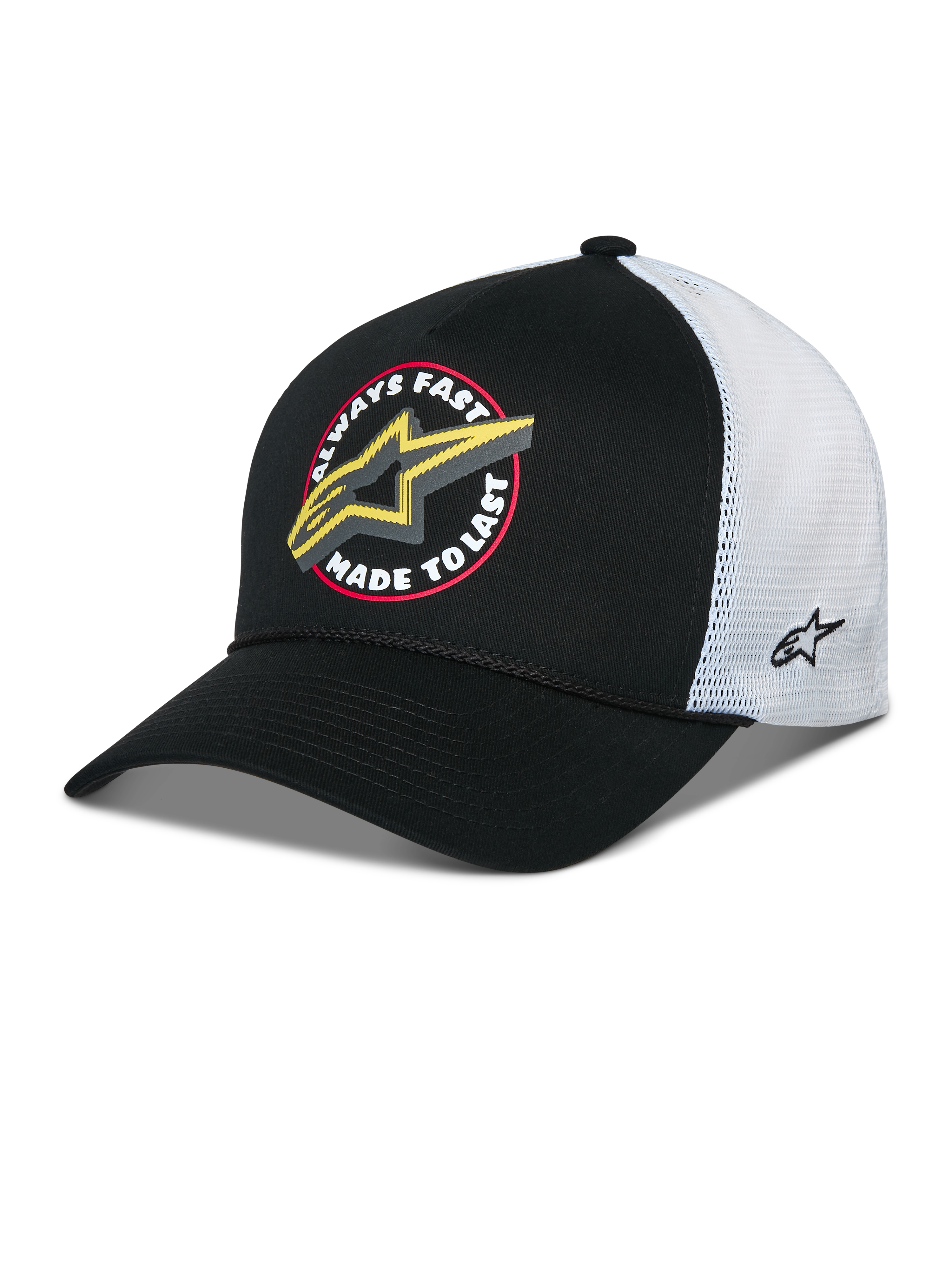 Alpinestars Aorbit Trucker Cap, Schwarz-Weiße Snapback-Mütze, Vorderseite mit „Always Fast Made to Last“-Grafik und gelbem Astars-Logo, weiße Mesh-Rückseite mit seitlicher Stickerei, gebogener Schirm