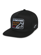 Alpinestars Intuitive Snapback Kappe, Schwarz, flacher Schirm mit strukturierter Krone, vorderes Stickerei-Patch mit „Alpinestars Racing Ahead“ und Logo, seitliches weißes Astars-Logo, lässige Twill-Kopfbedeckung