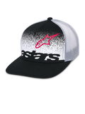 Alpinestars Component Trucker Mütze, Schwarz und Weiß, flacher Schirm mit strukturierter Krone, atmungsaktive weiße Mesh-Rückseite, Frontpanel mit roter Astars-Logo-Kontur und schwarzem Wortlogo mit MX-Gradations-Design, lässige Motorsport-Kopfbedeckung
