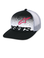 Alpinestars Component Trucker Mütze, Schwarz und Weiß, flacher Schirm mit strukturierter Krone, atmungsaktive weiße Mesh-Rückseite, Frontpanel mit roter Astars-Logo-Kontur und schwarzem Wortlogo mit MX-Gradations-Design, lässige Motorsport-Kopfbedeckung