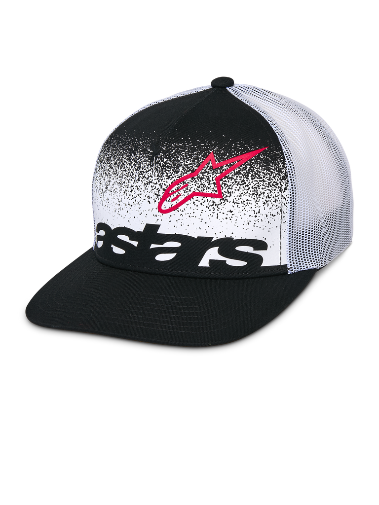 Alpinestars Component Trucker Hat, Black and White, flat bill with structured crown, breathable white mesh back, front panel featuring a red Astars logo outline and black wordmark with MX gradation design, casual motorsport headwear