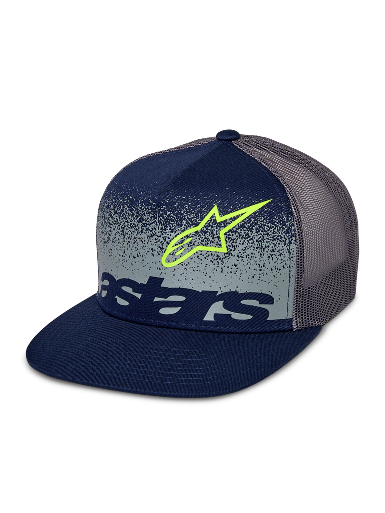 Alpinestars Component Trucker-Mütze, Navyblau und Grau, flacher Schirm mit strukturierter Krone, graue Mesh-Rückseite, mit limettengrüner Astars-Logo-Kontur und navyblauem Schriftzug über einem grau gesprenkelten Frontpanel mit MX-Farbverlauf.