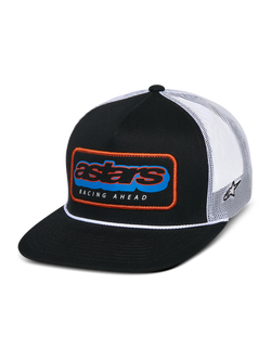 Alpinestars Phosphor Trucker Cap, Schwarz und Weiß, flacher Schirm mit strukturierter Krone und weißem Kordel-Detail, mehrfarbiger Astars-Patch vorne mit orangefarbenem Rand und „RACING AHEAD“-Schriftzug, atmungsaktive Rückseite aus weißem Mesh mit seitlicher Logo-Stickerei