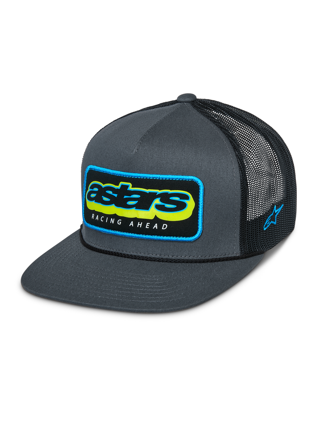 Alpinestars Phosphor Trucker Hat, Charcoal Black, graue Twill-Vorderseite mit schwarzer Mesh-Rückseite, lebendiges mehrfarbiges Astars-Logo mit „Racing Ahead“-Schriftzug, flacher Schirm, seitliche Logo-Stickerei, lässige vom Motorsport inspirierte Kopfbedeckung