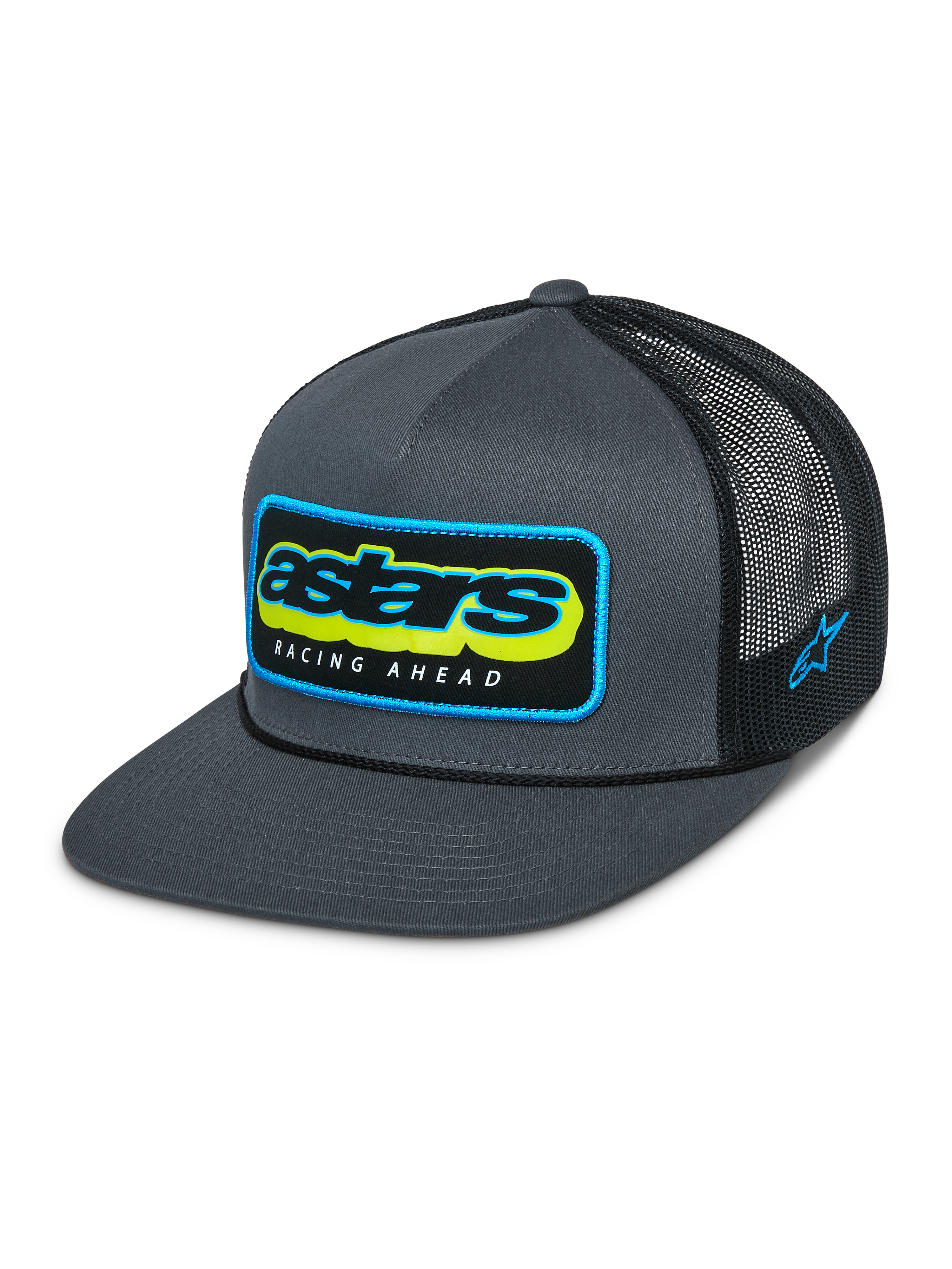 Alpinestars Phosphor Trucker Hat, Charcoal Black, graue Twill-Vorderseite mit schwarzer Mesh-Rückseite, lebendiges mehrfarbiges Astars-Logo mit „Racing Ahead“-Schriftzug, flacher Schirm, seitliche Logo-Stickerei, lässige vom Motorsport inspirierte Kopfbedeckung
