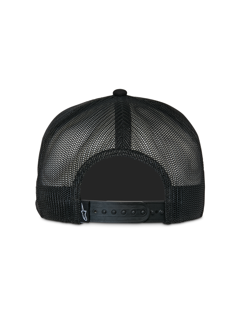 Alpinestars Contender Trucker-Mütze, Schwarz, Rückansicht mit Poly-Mesh-Gewebe und verstellbarem Snapback-Verschluss, kleines weißes Astars-Logo-Etikett, lässige vom Motorsport inspirierte Kopfbedeckung