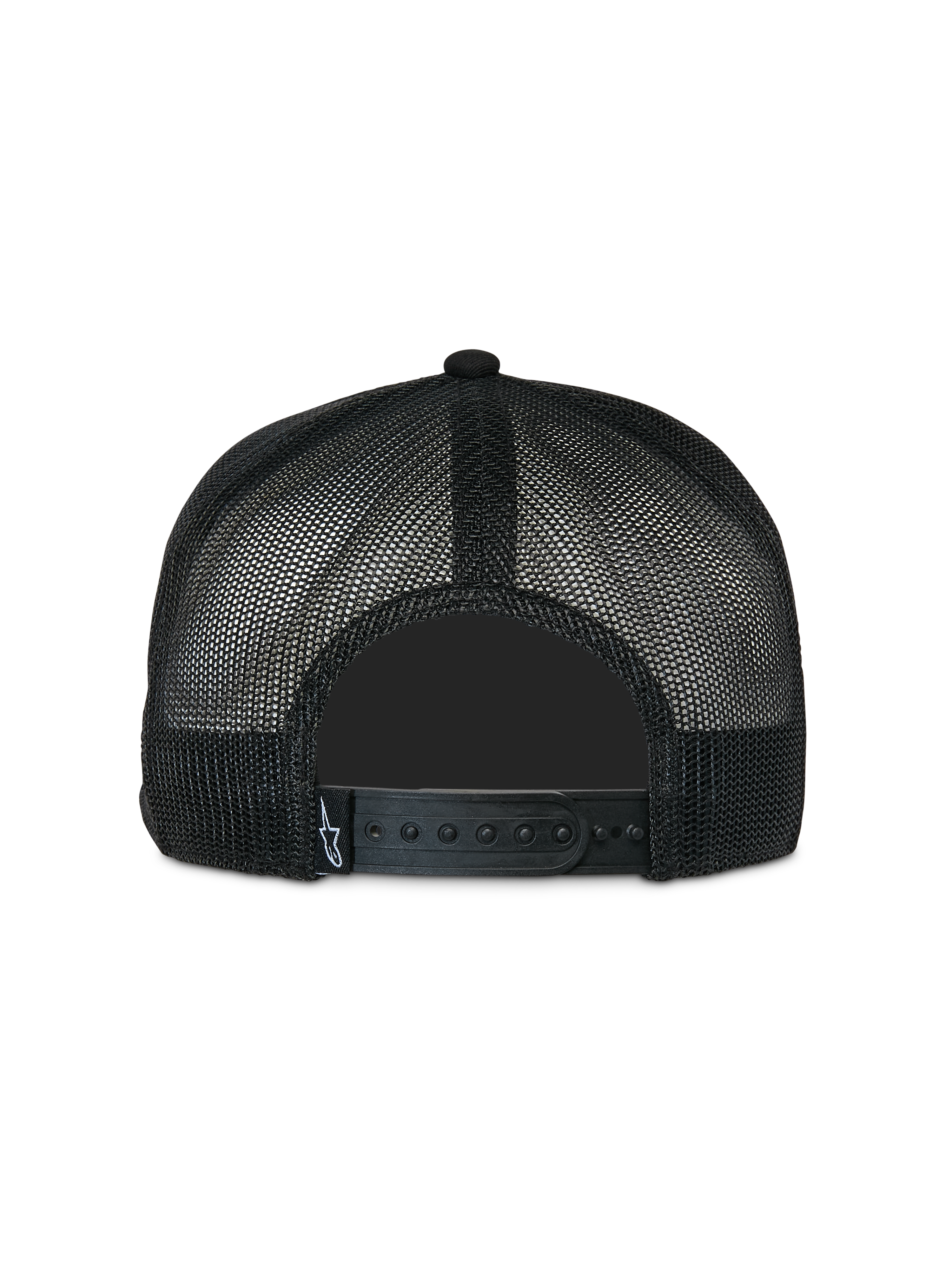 Alpinestars Contender Trucker-Mütze, Schwarz, Rückansicht mit Poly-Mesh-Gewebe und verstellbarem Snapback-Verschluss, kleines weißes Astars-Logo-Etikett, lässige vom Motorsport inspirierte Kopfbedeckung