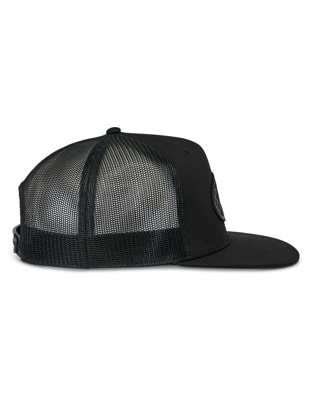 Alpinestars Contender Trucker Hat, Schwarze Trucker-Kappe, Seitenansicht, flacher Schirm und atmungsaktive Mesh-Rückseite, Snapback-Verschluss, lässiger Motorsport-Stil