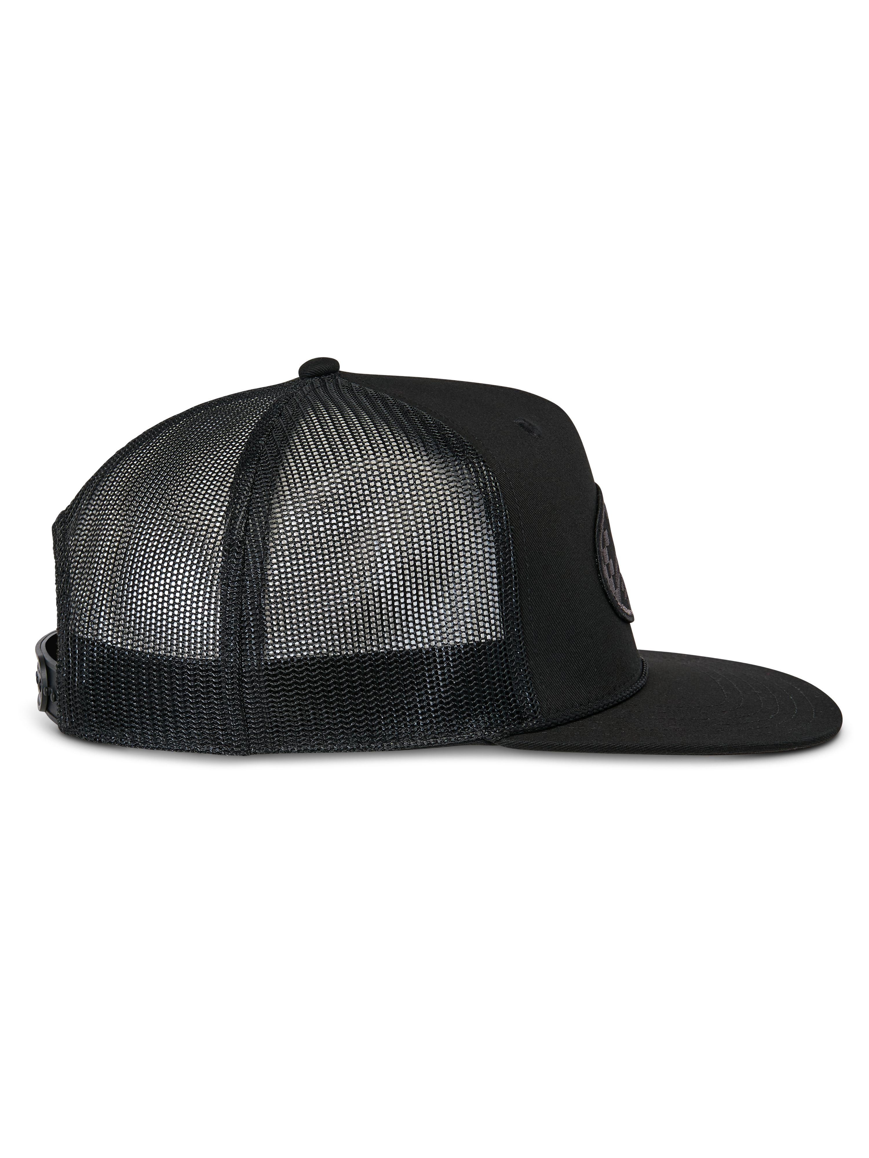 Alpinestars Contender Trucker Hat, Schwarze Trucker-Kappe, Seitenansicht, flacher Schirm und atmungsaktive Mesh-Rückseite, Snapback-Verschluss, lässiger Motorsport-Stil